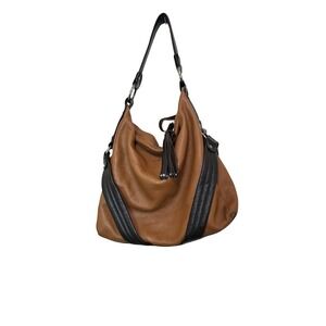 Maurizio Taiuti Two-Tone Tan & Black Leather Shoulder Bag Tassel Accents Size M